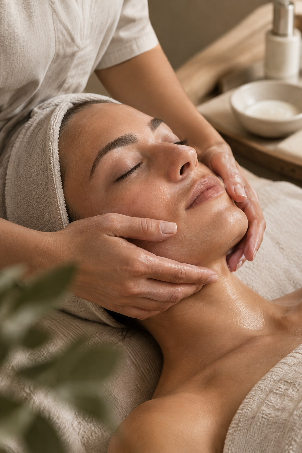 Femme recevant un massage du visage lors d’un soin esthétique personnalisé dans un institut de beauté aux tons naturels et chaleureux.