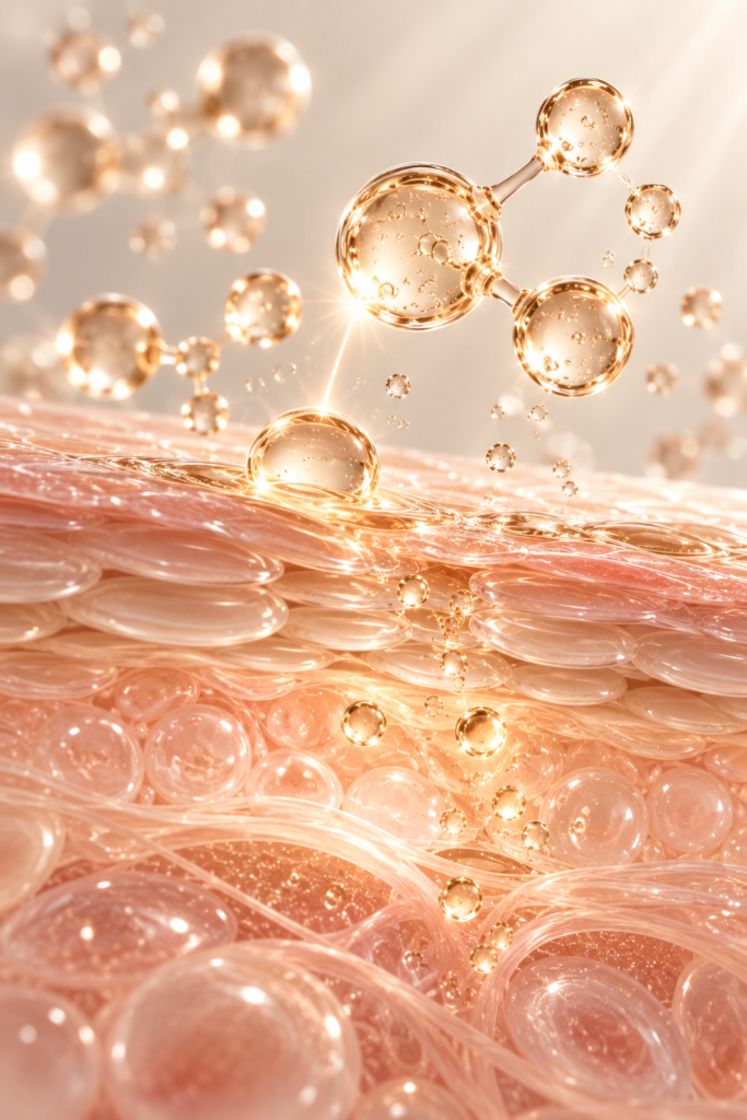 Illustration scientifique d'une femme, de la structure de l'épiderme et de molécules cosmétiques, symbolisant la cornéothérapie et la bionomie chez Skinstitut.