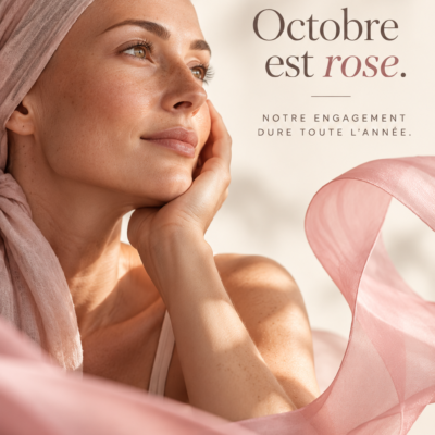 Femme portant un foulard rose, symbole d'Octobre Rose, illustrant l'engagement de Skinstitut à La Teste-de-Buch dans l'accompagnement des peaux fragilisées par les traitements contre le cancer, tout au long de l'année.